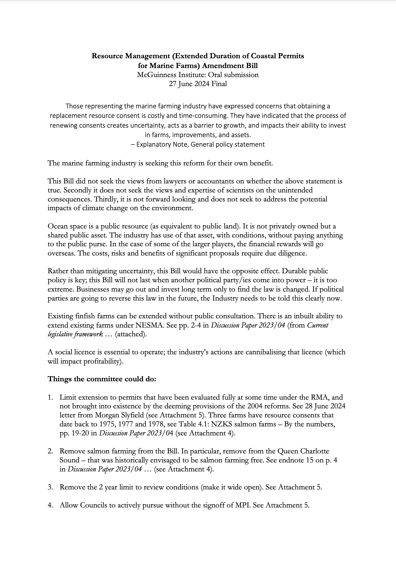 Submission 2024/04 – Resource Management (Extended Duration of Coastal Permits for Marine Farms) Amendment Bill